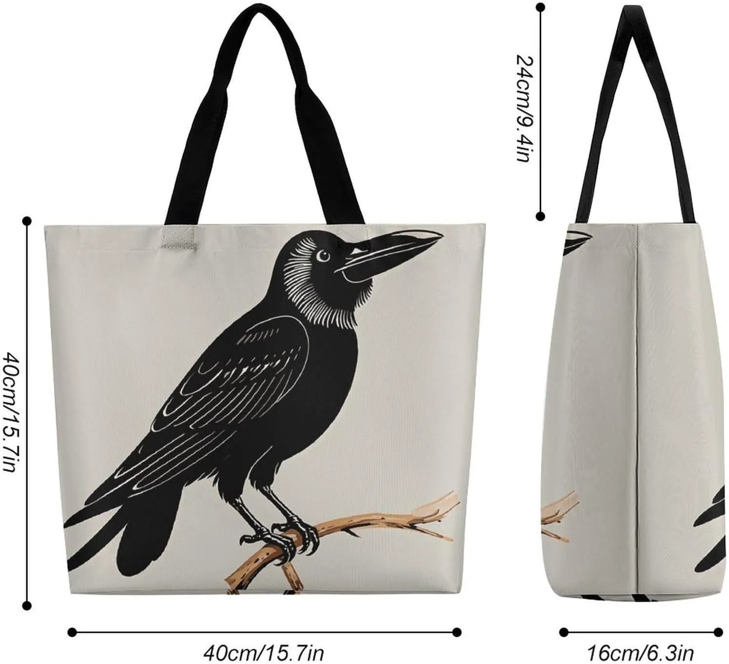 Large Capacity Shopping Bag Vintage Aesthetic Raven Illustration Canvas Grocery Bags Foldable Tote Bag