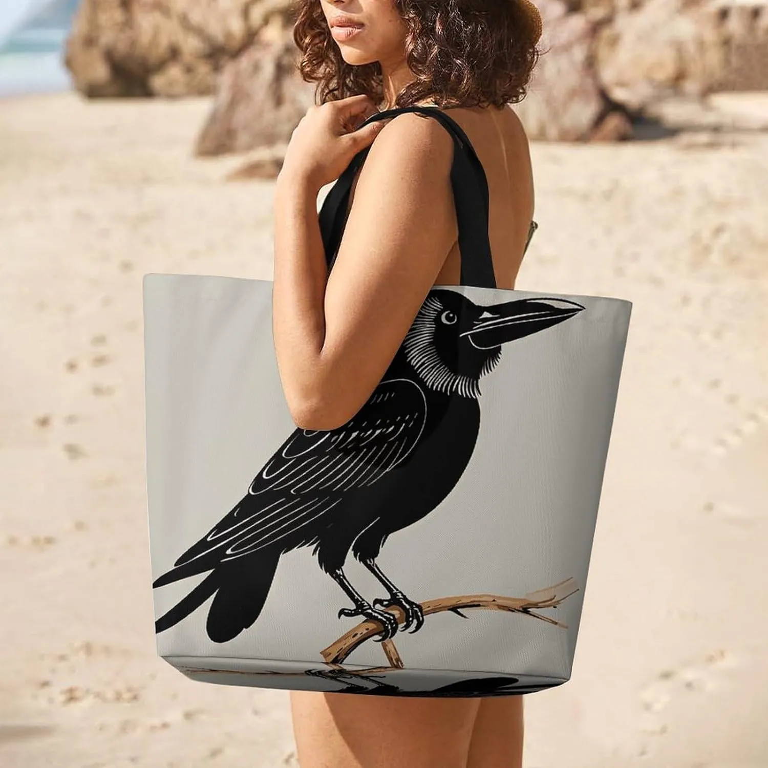 Large Capacity Shopping Bag Vintage Aesthetic Raven Illustration Canvas Grocery Bags Foldable Tote Bag