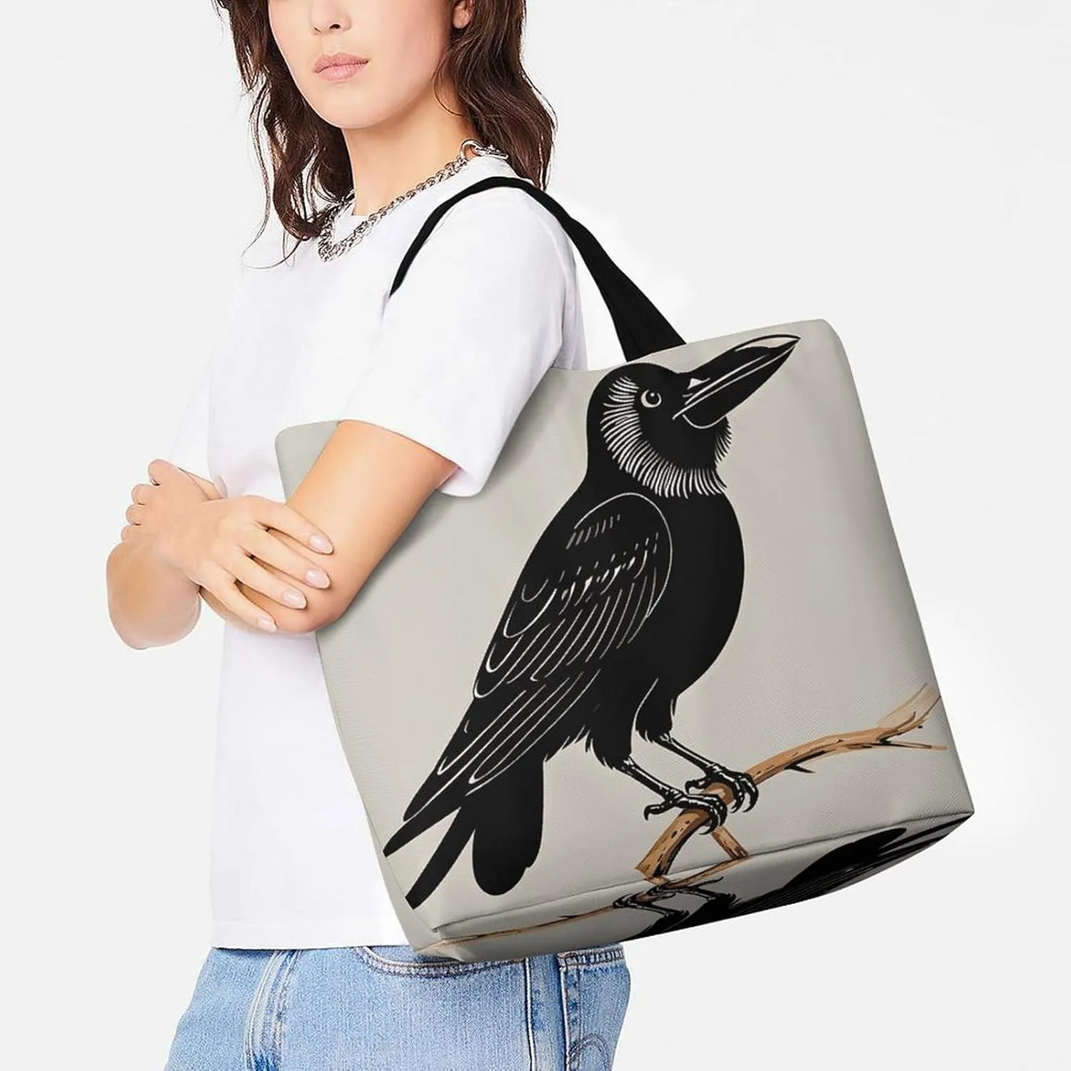 Large Capacity Shopping Bag Vintage Aesthetic Raven Illustration Canvas Grocery Bags Foldable Tote Bag