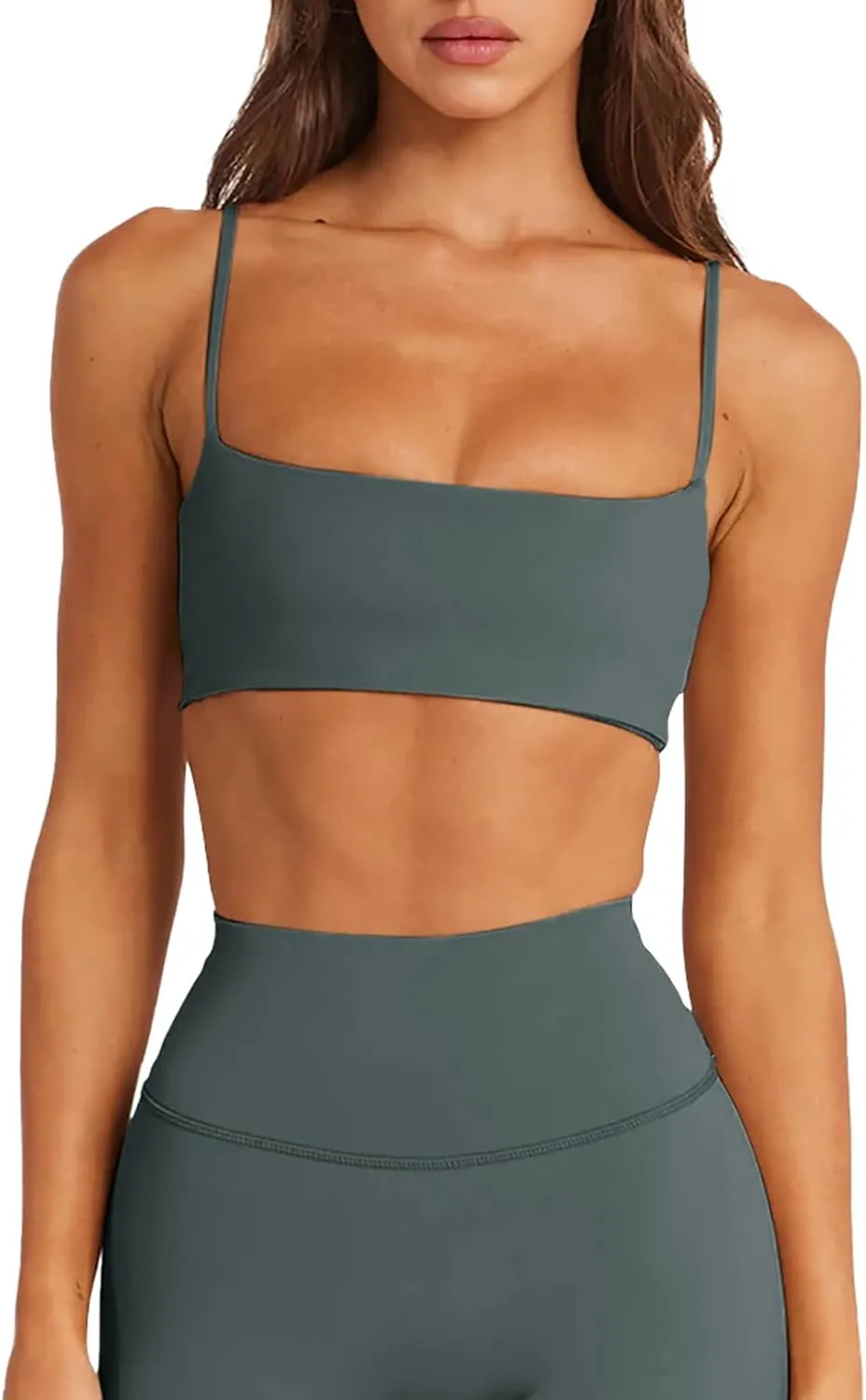LASLULU Womens Adjustable Spaghetti Straps Sports Bra Square Neck Wireless Padded Workout Yoga Crop Tops