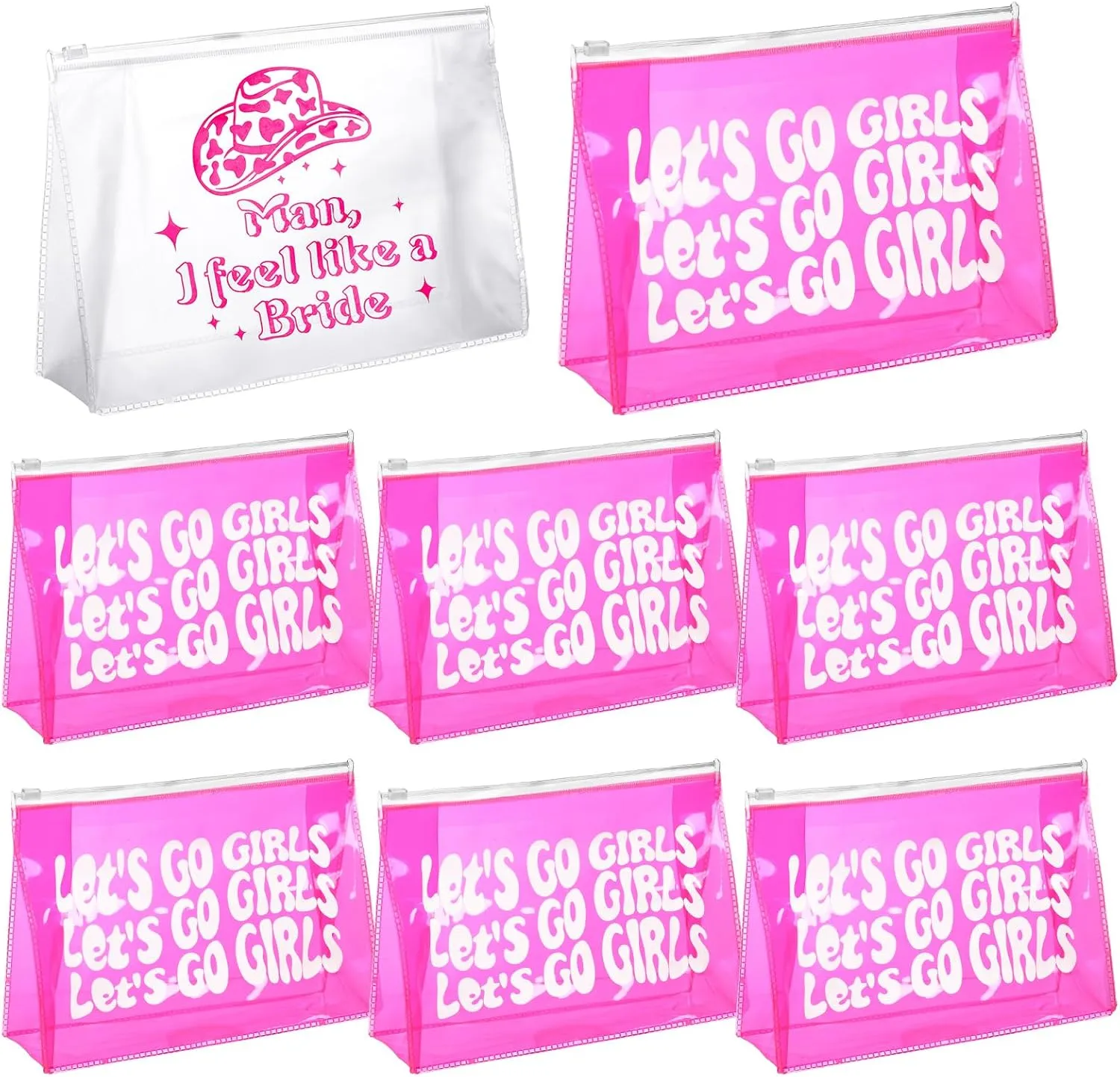 Layhit 8 Pcs Let's Go Girls Bachelorette Makeup Bags Retro Clear Disco Cowgirl Travel Toiletry Case with Zipper Arty Supplies Decorations Gifts for Women