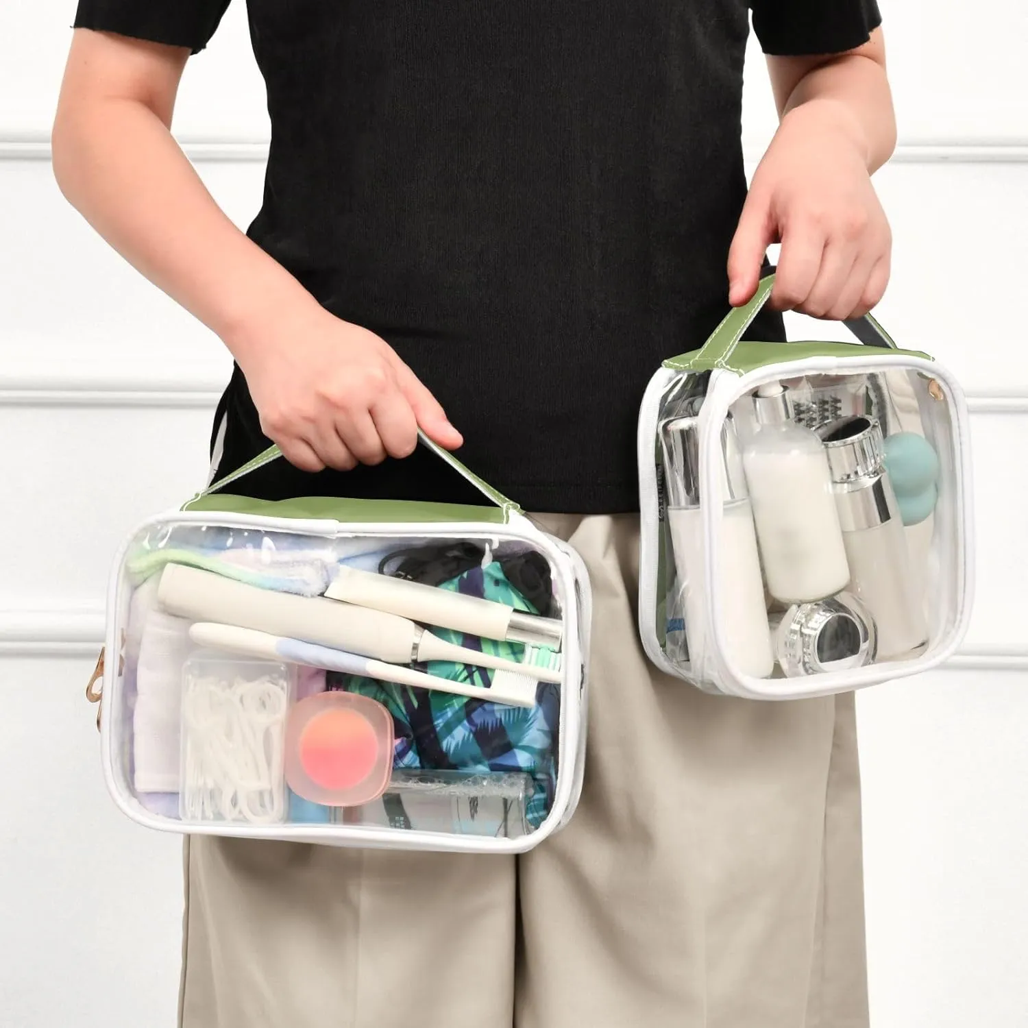 Light Green Clear Makeup Bags TSA Approved Toiletry Bag for Women Men Cosmetic Bags with Zipper Carry On Airport Airline Compliant Bag Quart Size PVC Travel Bags for Toiletries Bathroom, 2 Pack