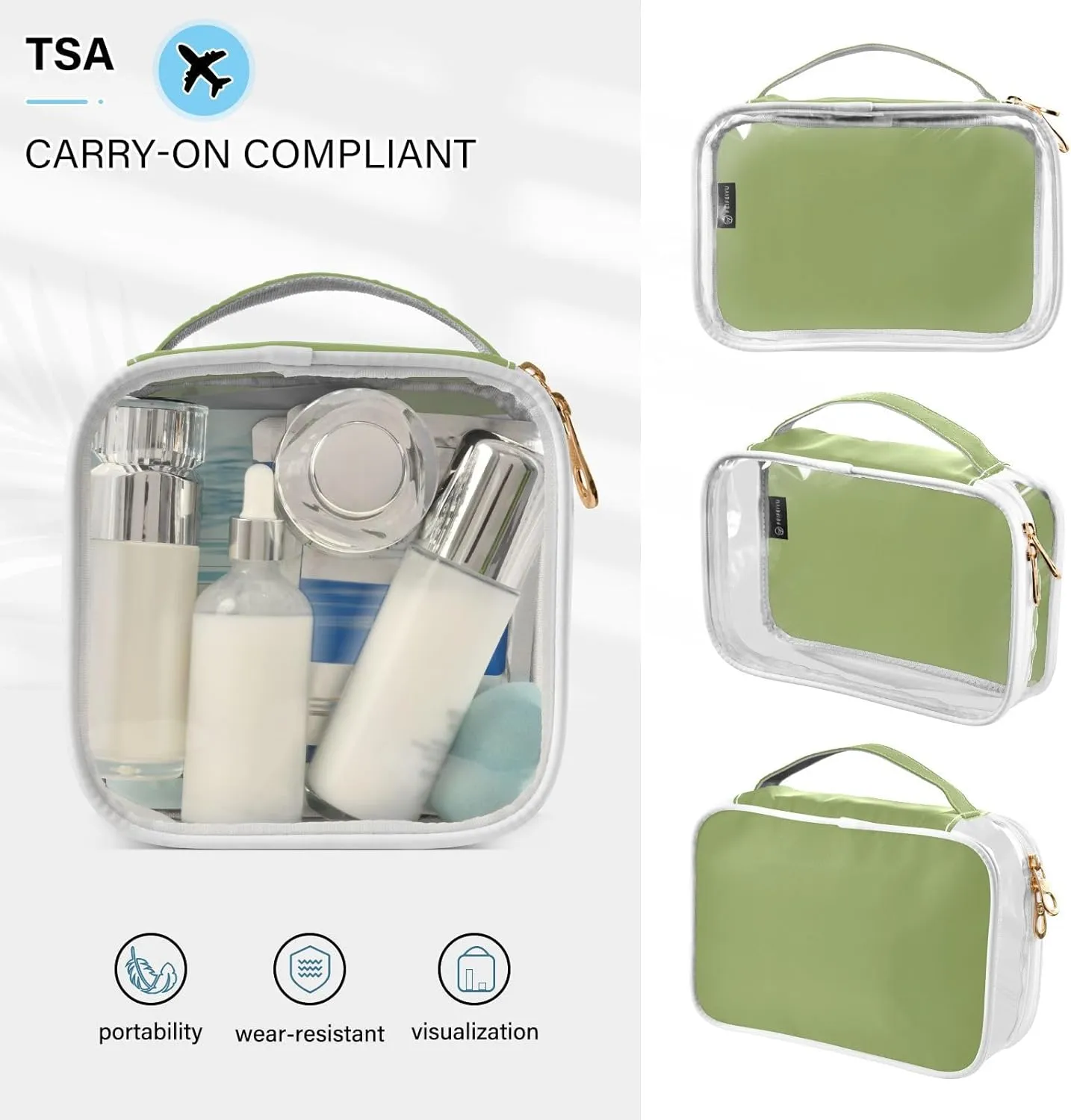 Light Green Clear Makeup Bags TSA Approved Toiletry Bag for Women Men Cosmetic Bags with Zipper Carry On Airport Airline Compliant Bag Quart Size PVC Travel Bags for Toiletries Bathroom, 2 Pack