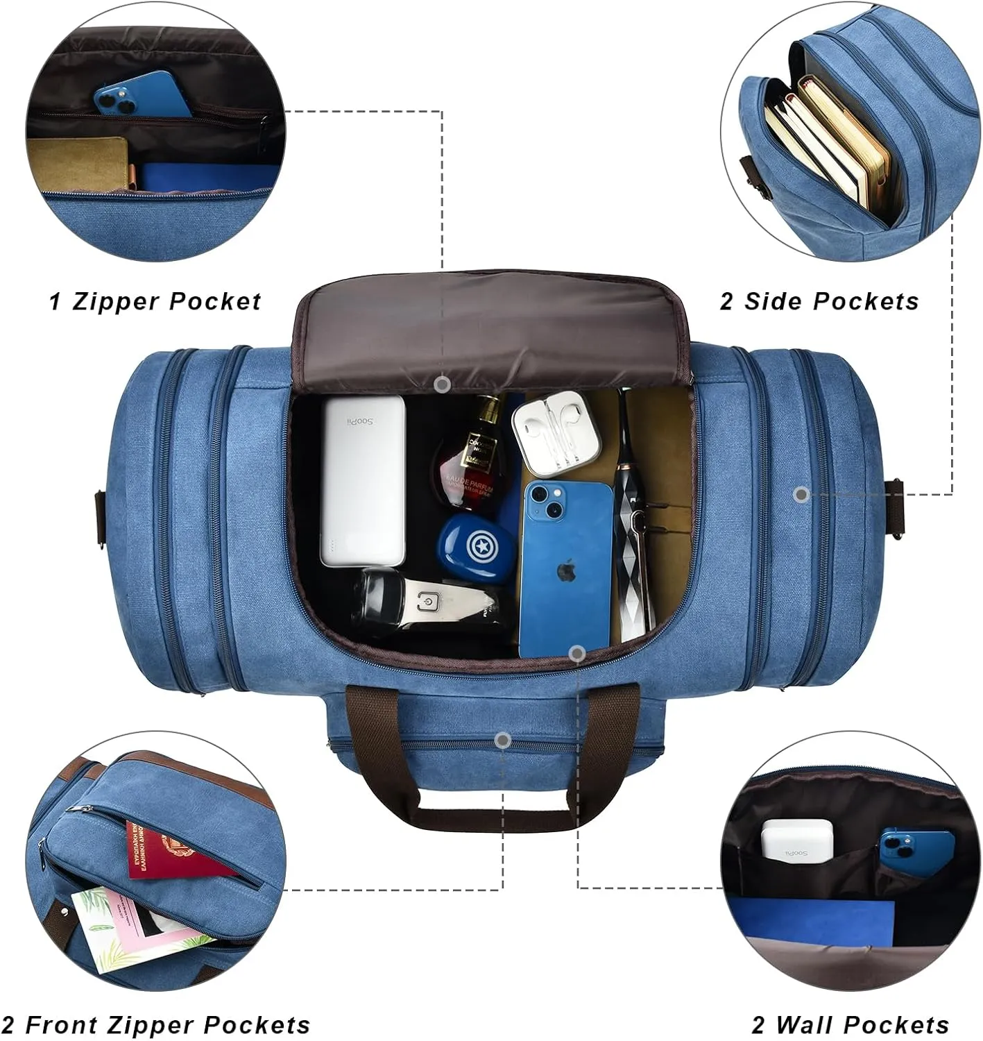 Litvyak Duffle Bag for Travel, 50L Canvas Travel Duffel Bags Overnight Weekend Gym Carry On Luggage Bag for Men & Womenn(Blue Toiletry Bag)