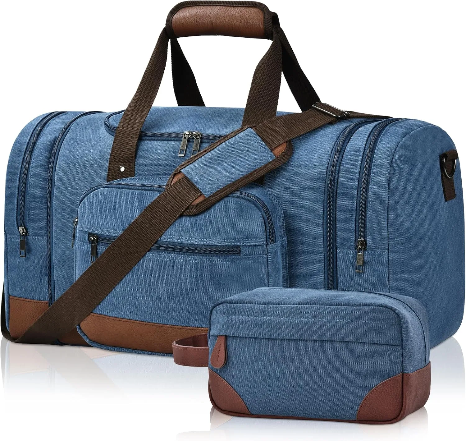 Litvyak Duffle Bag for Travel, 50L Canvas Travel Duffel Bags Overnight Weekend Gym Carry On Luggage Bag for Men & Womenn(Blue Toiletry Bag)