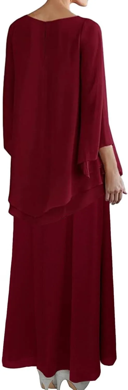 Long Mother of The Bride Dresses for Wedding Chiffon Evening Formal Dress Beaded Wedding Guest Groom Dresses Tiered