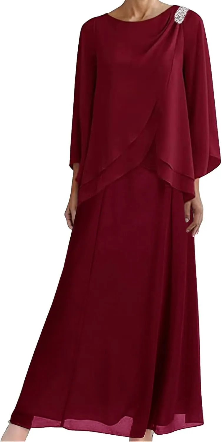 Long Mother of The Bride Dresses for Wedding Chiffon Evening Formal Dress Beaded Wedding Guest Groom Dresses Tiered