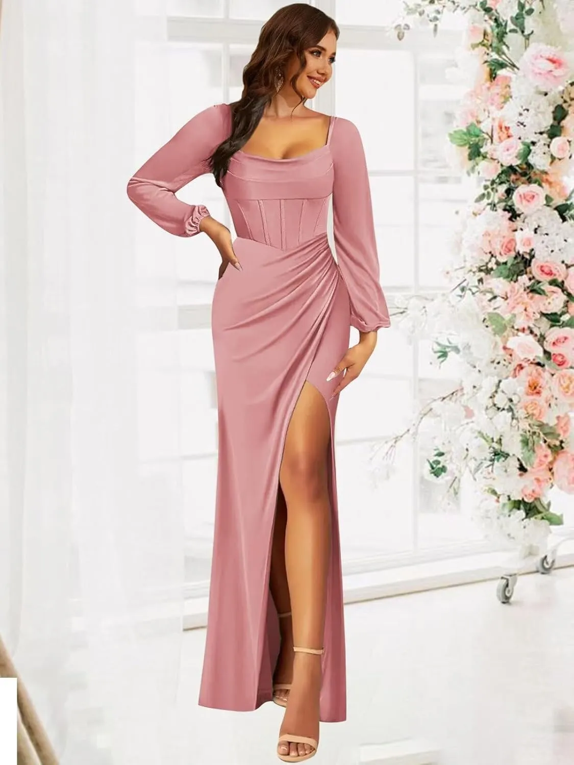 Long Sleeve Chiffon Bridesmaid Dresses for Wedding Mermaid Ruched Formal Evening Gowns with Slit