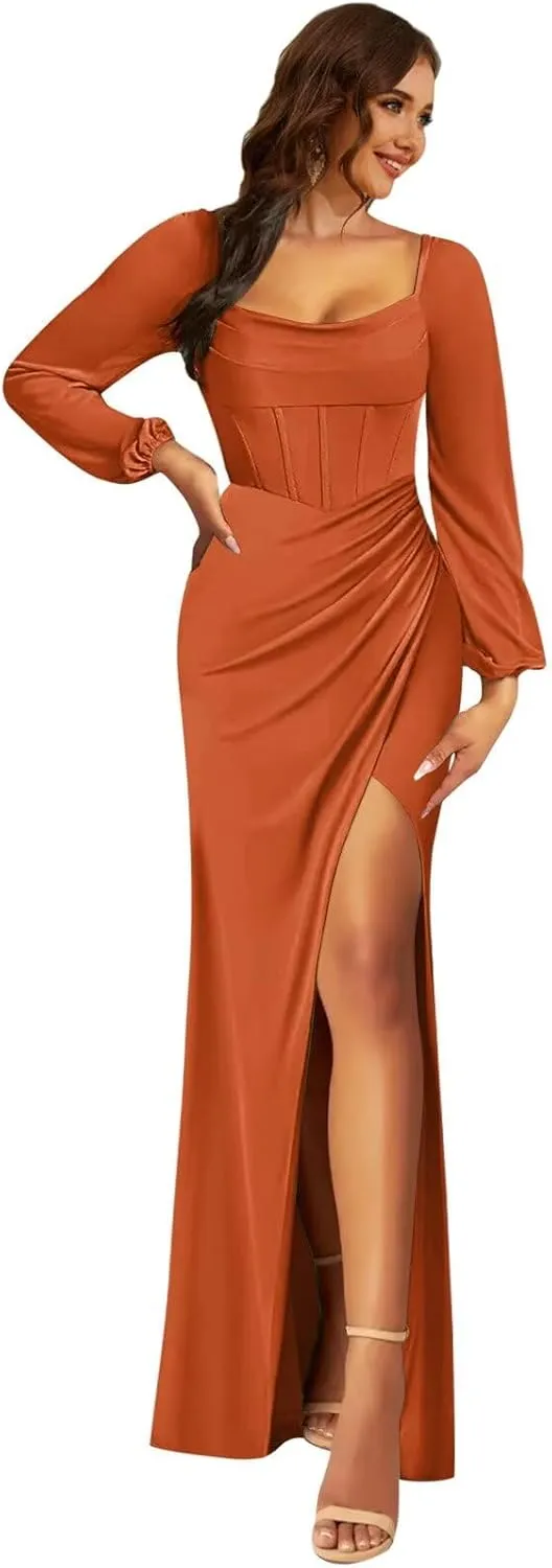 Long Sleeve Chiffon Bridesmaid Dresses for Wedding Mermaid Ruched Formal Evening Gowns with Slit