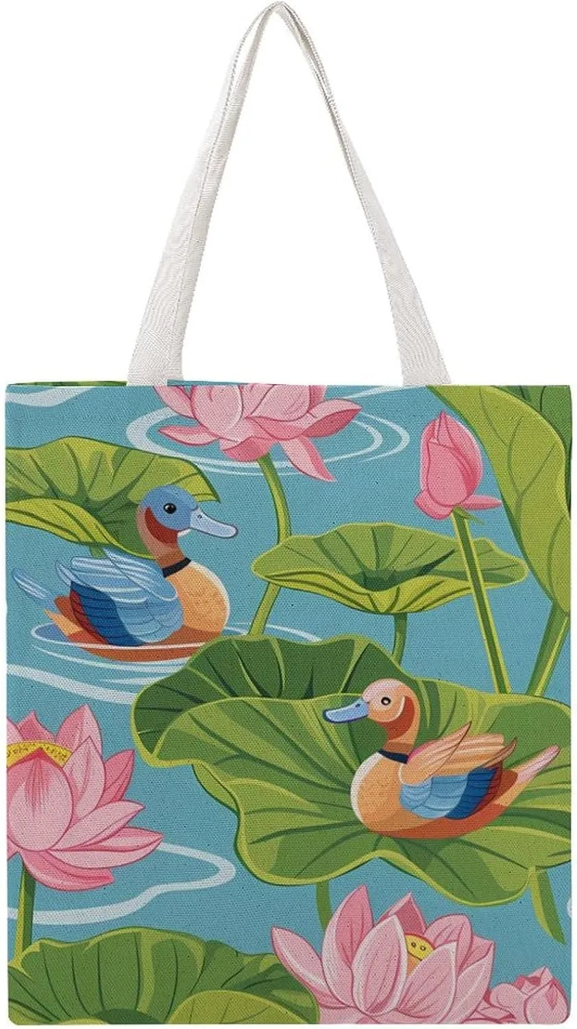 Lotuses And Mandarin Duck Canvas Tote Bag Casual Handbags Grocery Shopping Purses Work Bag for Women