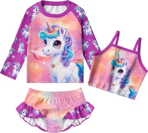 LQSZ Girls Rash Guard Sets Long Sleeves Swimsuit 3 Pieces Tankini Bathing Suit Swimwear for Girls 3-12 Years