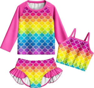 LQSZ Girls Rash Guard Sets Long Sleeves Swimsuit 3 Pieces Tankini Bathing Suit Swimwear for Girls 3-12 Years
