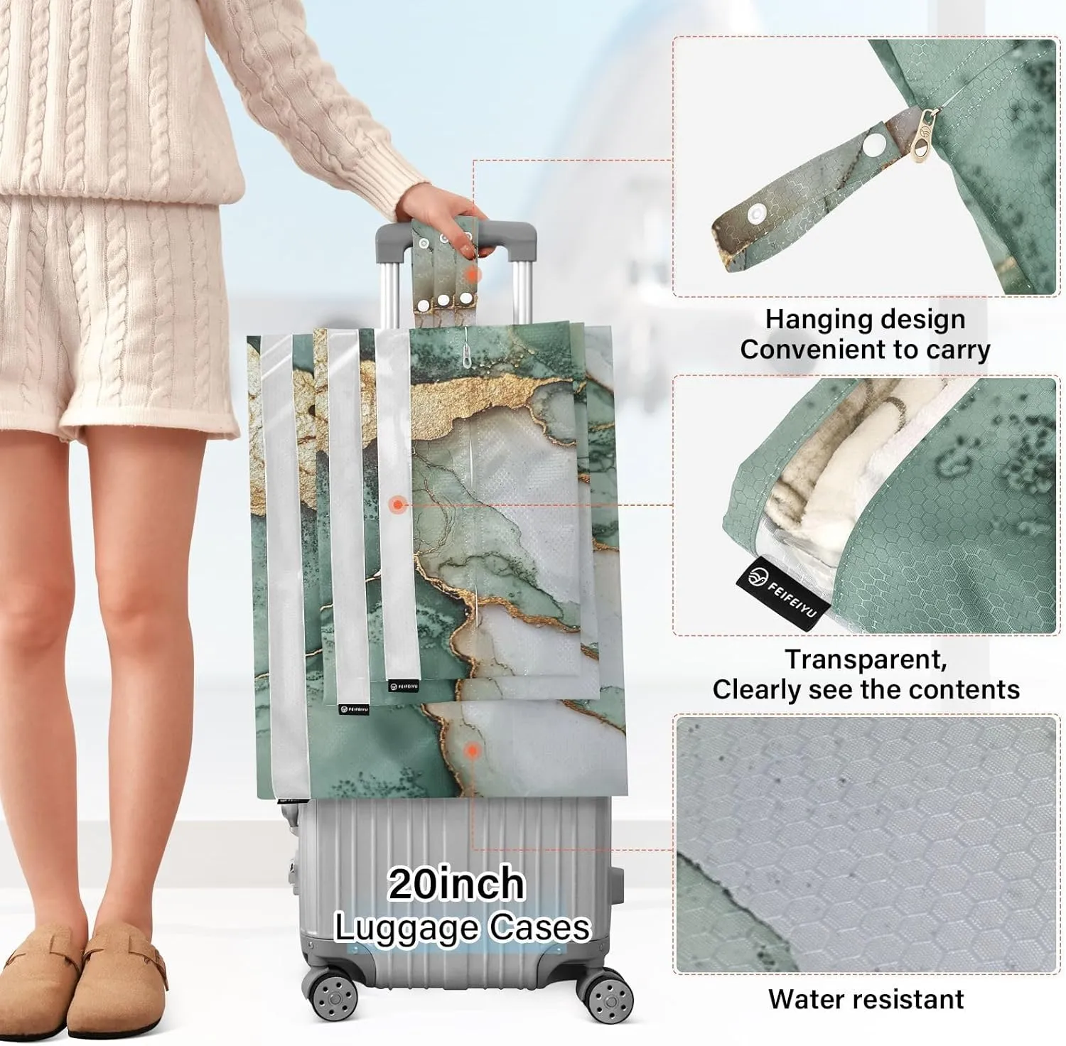 Luggage Space Saver, Organizadores De Maletas Para, Marble Sage Green White, With Zipper, 3 Set Travel Packing Cubes For Suitcases, Garment Bag Closet Storage