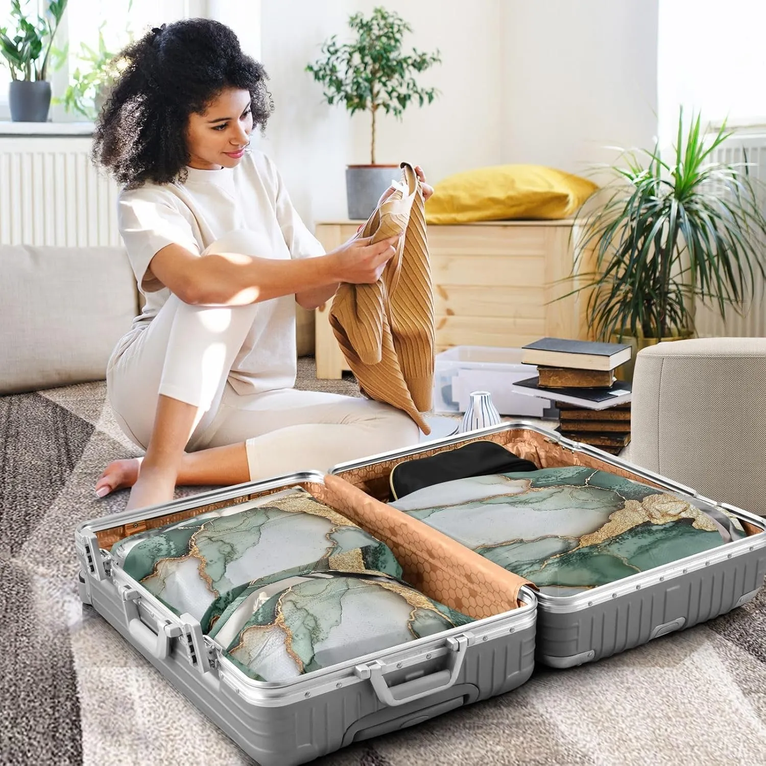 Luggage Space Saver, Organizadores De Maletas Para, Marble Sage Green White, With Zipper, 3 Set Travel Packing Cubes For Suitcases, Garment Bag Closet Storage