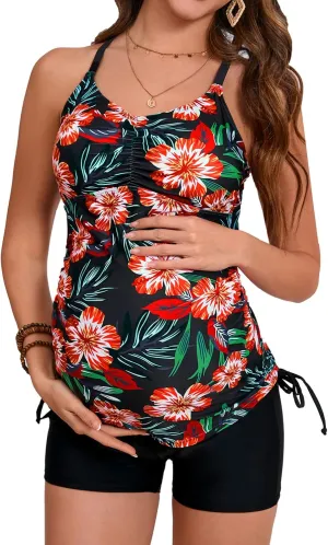 Maacie Maternity Athletic Tankini Swimsuits Two Piece Floral Print Ruched Tops with Shorts