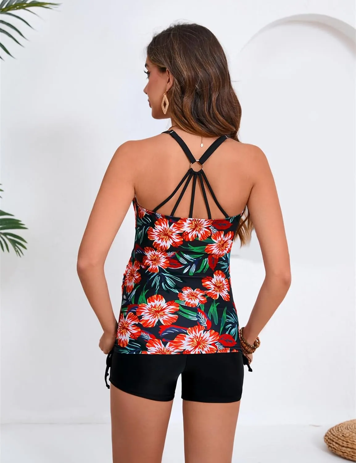 Maacie Maternity Athletic Tankini Swimsuits Two Piece Floral Print Ruched Tops with Shorts