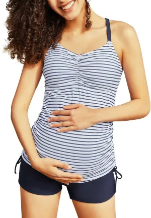 Maacie Maternity Athletic Tankini Swimsuits Two Piece Floral Print Ruched Tops with Shorts
