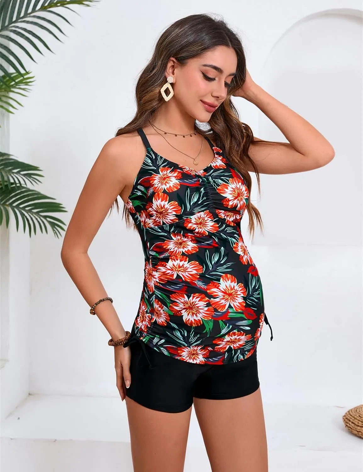 Maacie Maternity Athletic Tankini Swimsuits Two Piece Floral Print Ruched Tops with Shorts