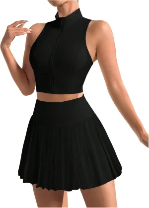 MakeMeChic Women's 2 Piece Athletic Outfit Mock Neck Full Zip Vest Crop Tops and Pleated Skirt Set