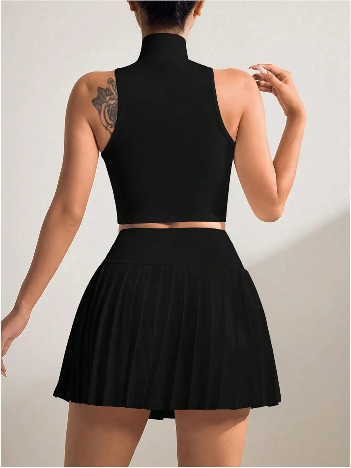 MakeMeChic Women's 2 Piece Athletic Outfit Mock Neck Full Zip Vest Crop Tops and Pleated Skirt Set