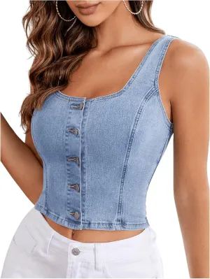 MakeMeChic Women's Denim Tops Sleeveless Square Neck Button Down Slim Fitted Y2k Crop Tank Tops