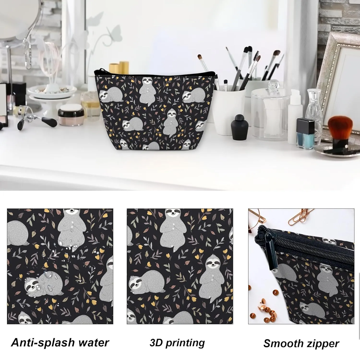 Makeup Bag for Purse, Waterproof Funny Cute Baby Sloths Leaves Cosmetic Bag for Women, Zipper Travel Toiletry Gift 9.55.9 Inch