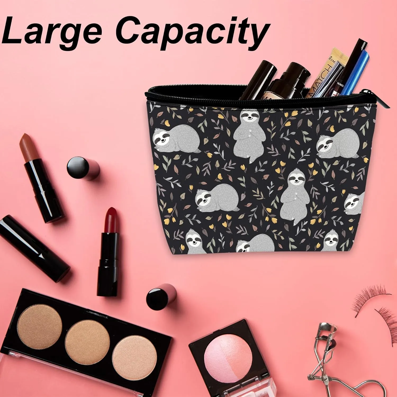 Makeup Bag for Purse, Waterproof Funny Cute Baby Sloths Leaves Cosmetic Bag for Women, Zipper Travel Toiletry Gift 9.55.9 Inch