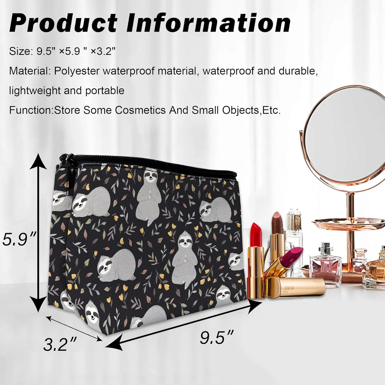 Makeup Bag for Purse, Waterproof Funny Cute Baby Sloths Leaves Cosmetic Bag for Women, Zipper Travel Toiletry Gift 9.55.9 Inch