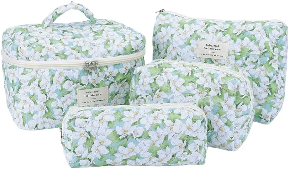 Makeup Bag Set Quilted Big Makeup Bag Cotton Aesthetic Travel Cosmetic Bags for Women Toiletry Bag Cute Floral Makeup bag (Gardenia)