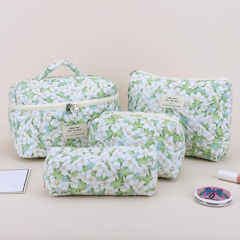 Makeup Bag Set Quilted Big Makeup Bag Cotton Aesthetic Travel Cosmetic Bags for Women Toiletry Bag Cute Floral Makeup bag (Gardenia)