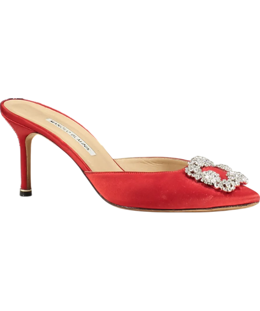 Manolo Blahnik Red Satin Jewel Buckle Hangisi Mules 70mm UK 7 EU 40 