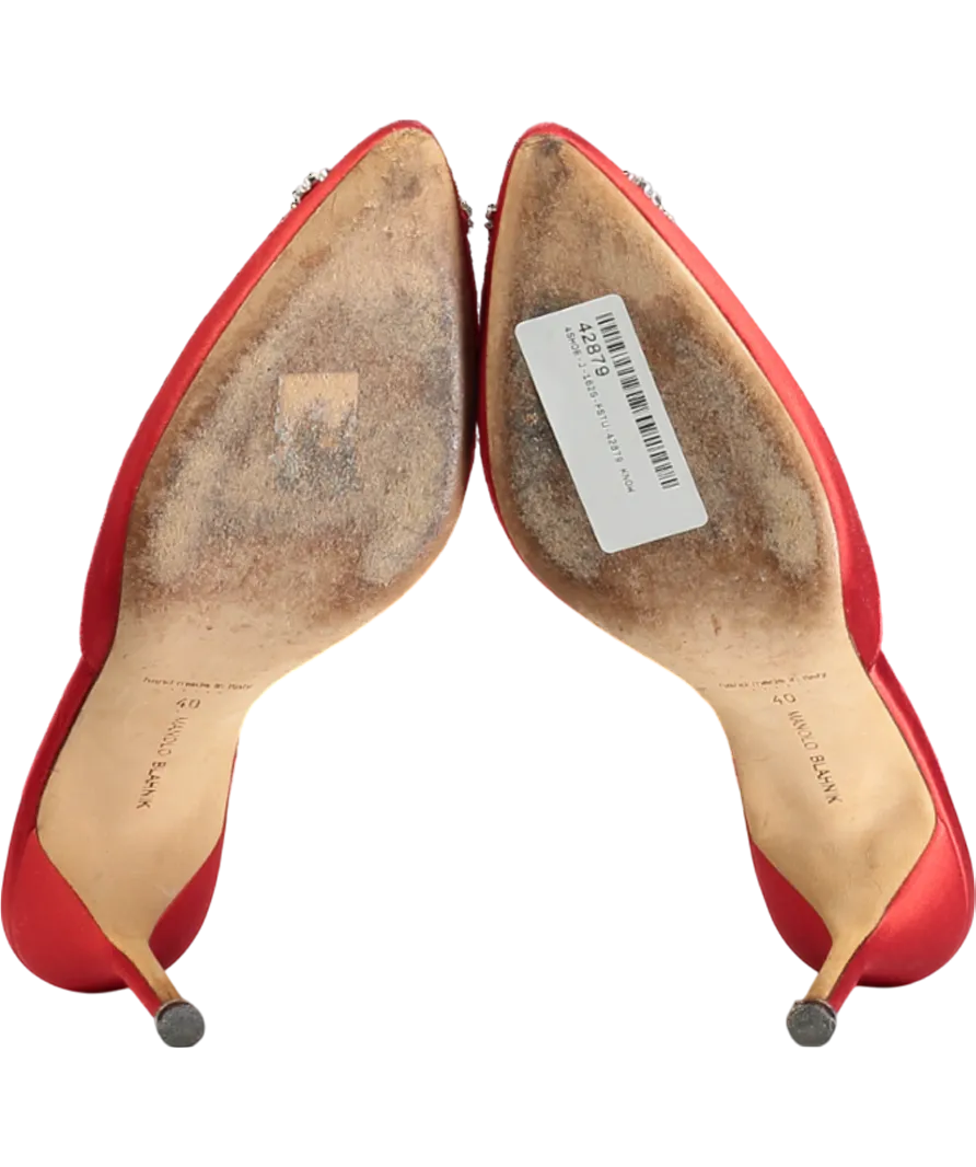 Manolo Blahnik Red Satin Jewel Buckle Hangisi Mules 70mm UK 7 EU 40 