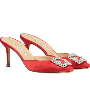 Manolo Blahnik Red Satin Jewel Buckle Hangisi Mules 70mm UK 7 EU 40 