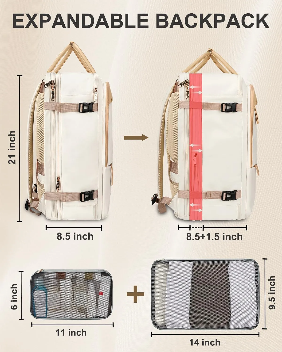 MATEIN Carry on Backpack for Women, 52L TSA Travel Laptop Backpack with USB Charging Port & Shoes Compartment, 17 Inch Extra Large Expandable Flight Approved Computer Bag with 2 Packing Cubes, Beige