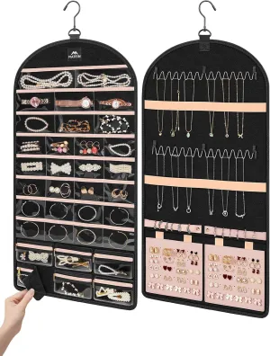 MATEIN Hanging Jewelry Organizer with Detachable Travel Jewelry Pouch, Tangle Free Necklace Hanger Wall Mount with Metal Hook, Large Earring Storage Holder for Bracelet Ring Display, Gifts for Her