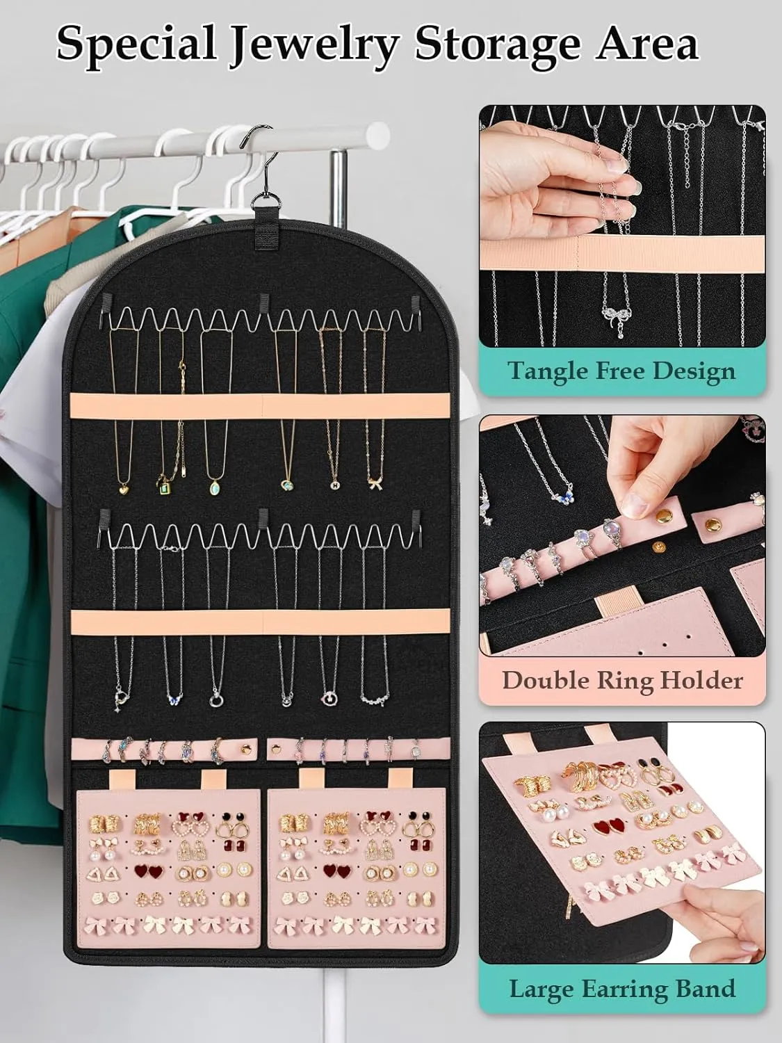 MATEIN Hanging Jewelry Organizer with Detachable Travel Jewelry Pouch, Tangle Free Necklace Hanger Wall Mount with Metal Hook, Large Earring Storage Holder for Bracelet Ring Display, Gifts for Her