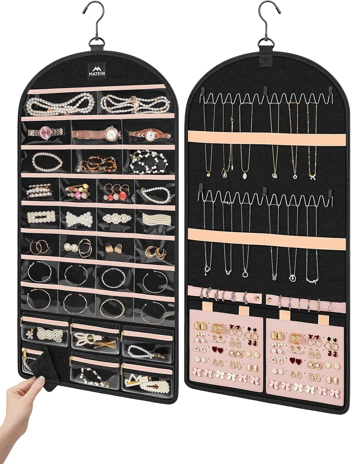 MATEIN Hanging Jewelry Organizer with Detachable Travel Jewelry Pouch, Tangle Free Necklace Hanger Wall Mount with Metal Hook, Large Earring Storage Holder for Bracelet Ring Display, Gifts for Her