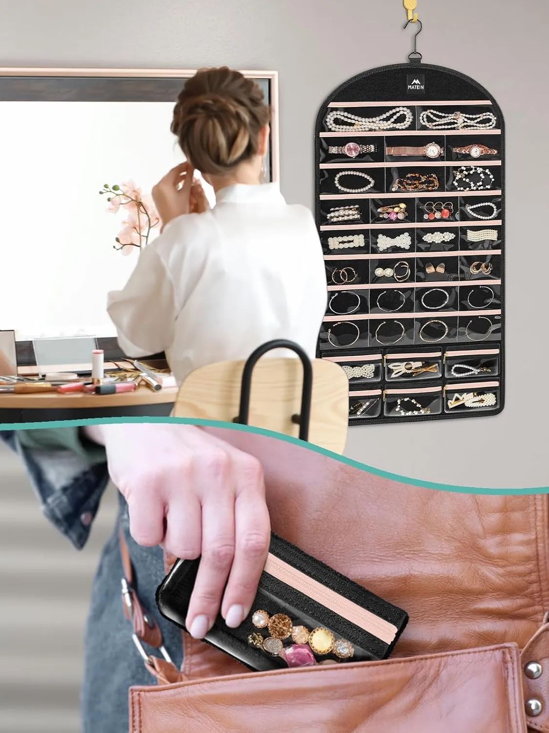 MATEIN Hanging Jewelry Organizer with Detachable Travel Jewelry Pouch, Tangle Free Necklace Hanger Wall Mount with Metal Hook, Large Earring Storage Holder for Bracelet Ring Display, Gifts for Her