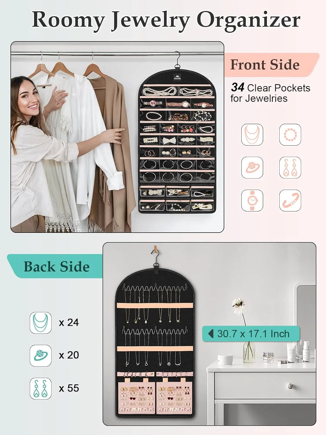 MATEIN Hanging Jewelry Organizer with Detachable Travel Jewelry Pouch, Tangle Free Necklace Hanger Wall Mount with Metal Hook, Large Earring Storage Holder for Bracelet Ring Display, Gifts for Her