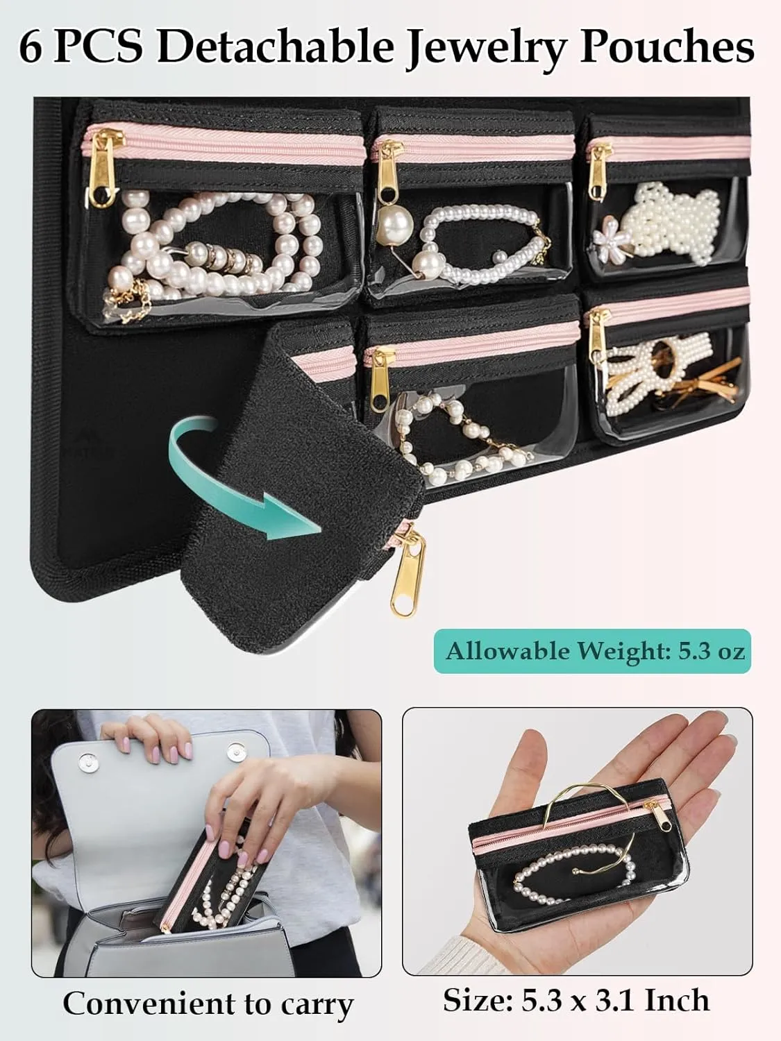 MATEIN Hanging Jewelry Organizer with Detachable Travel Jewelry Pouch, Tangle Free Necklace Hanger Wall Mount with Metal Hook, Large Earring Storage Holder for Bracelet Ring Display, Gifts for Her