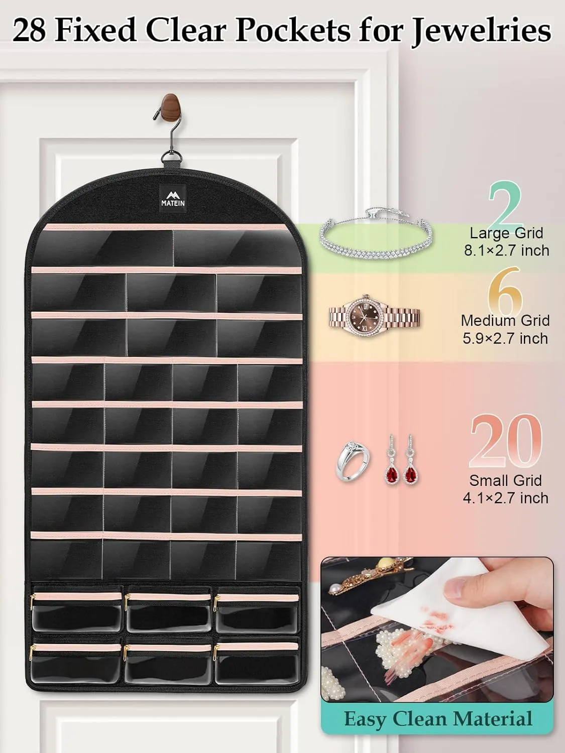 MATEIN Hanging Jewelry Organizer with Detachable Travel Jewelry Pouch, Tangle Free Necklace Hanger Wall Mount with Metal Hook, Large Earring Storage Holder for Bracelet Ring Display, Gifts for Her