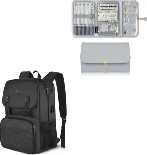 MATEIN Jewelry Travel Organizer for Women, Tangle Free Portable Leather Jewelry Storage Roll Bag, Lunch Backpack, 15.6 Inch Insulated Cooler Lunchbox Backpacks with USB Port
