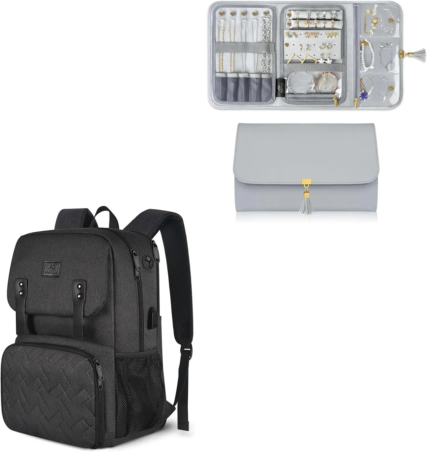 MATEIN Jewelry Travel Organizer for Women, Tangle Free Portable Leather Jewelry Storage Roll Bag, Lunch Backpack, 15.6 Inch Insulated Cooler Lunchbox Backpacks with USB Port