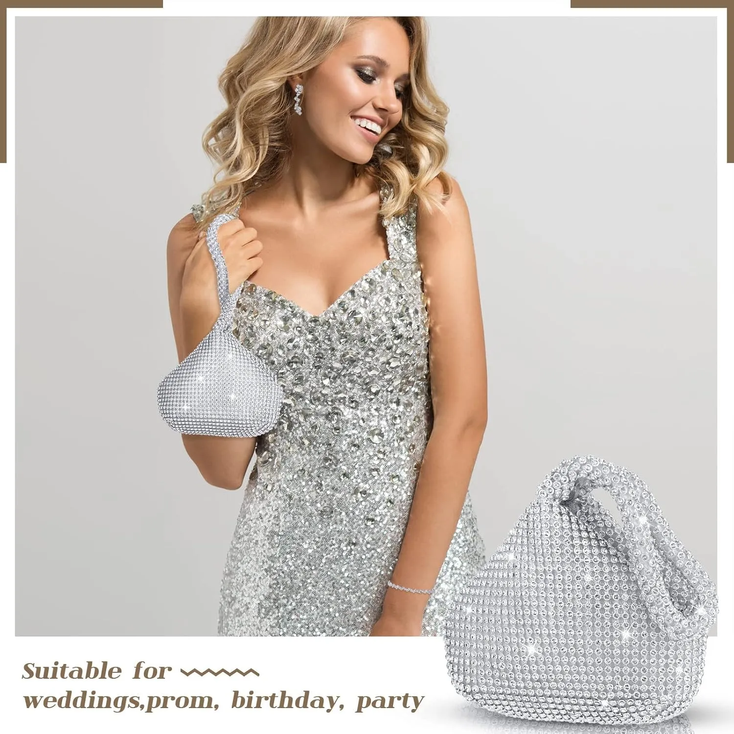 Meanplan 4 Pcs Silver Clutch Purse Jewelry Set for Women Evening Rhinestone Purse Silver Accessories for Women Bride Wedding Jewelry