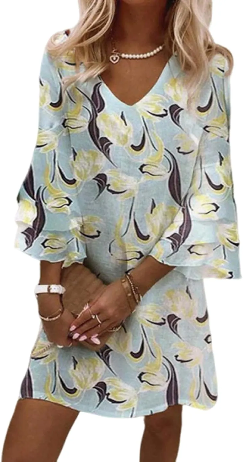 Melliflo Summer Dresses for Women Spring Boho Floral Mini Dress Loose V Neck 3/4 Bell Sleeve Flowy Beach Dress 2025