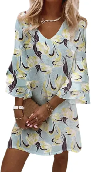 Melliflo Summer Dresses for Women Spring Boho Floral Mini Dress Loose V Neck 3/4 Bell Sleeve Flowy Beach Dress 2025