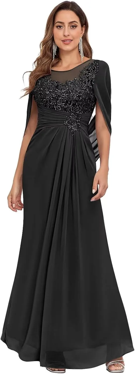 Mermaid Chiffon Mother of The Bride Dresses for Wedding with Cape Sleeves Lace Formal Mother of The Groom Dress