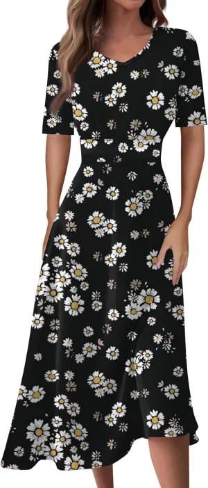 Midi Dresses for Women Printing Waist V Neck Beach Dress Short Sleeve Maxi Dresses A-Line Dressy Swing Dress
