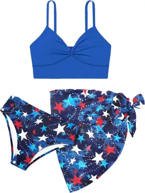 MIGU Girls Swimsuit Bathing Suit Solid Color Twist Cross Tropical Floral 3 Piece Girls' Swimwear Bikini with Cover Up 9-16T
