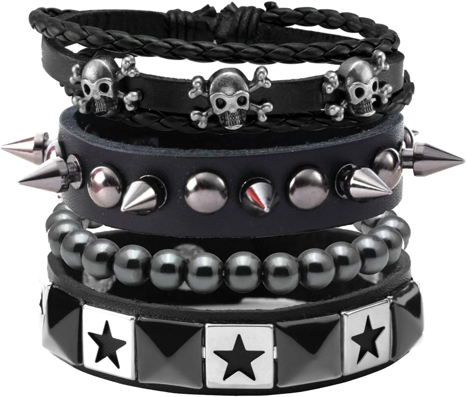 MILAKOO 4pcs Gothic Style Bracelets Set Skull Star Wristband Buckle Adjustable Vintage Punk Jewelry